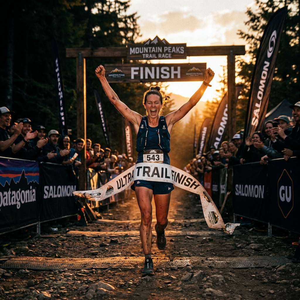 Runner breaking the finish line tape at a trail race at golden hour — professional race event photography